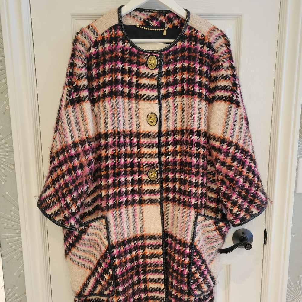 Coach Fall Jacket Coat Plus size 16 Plaid with Shiny Leather Trim